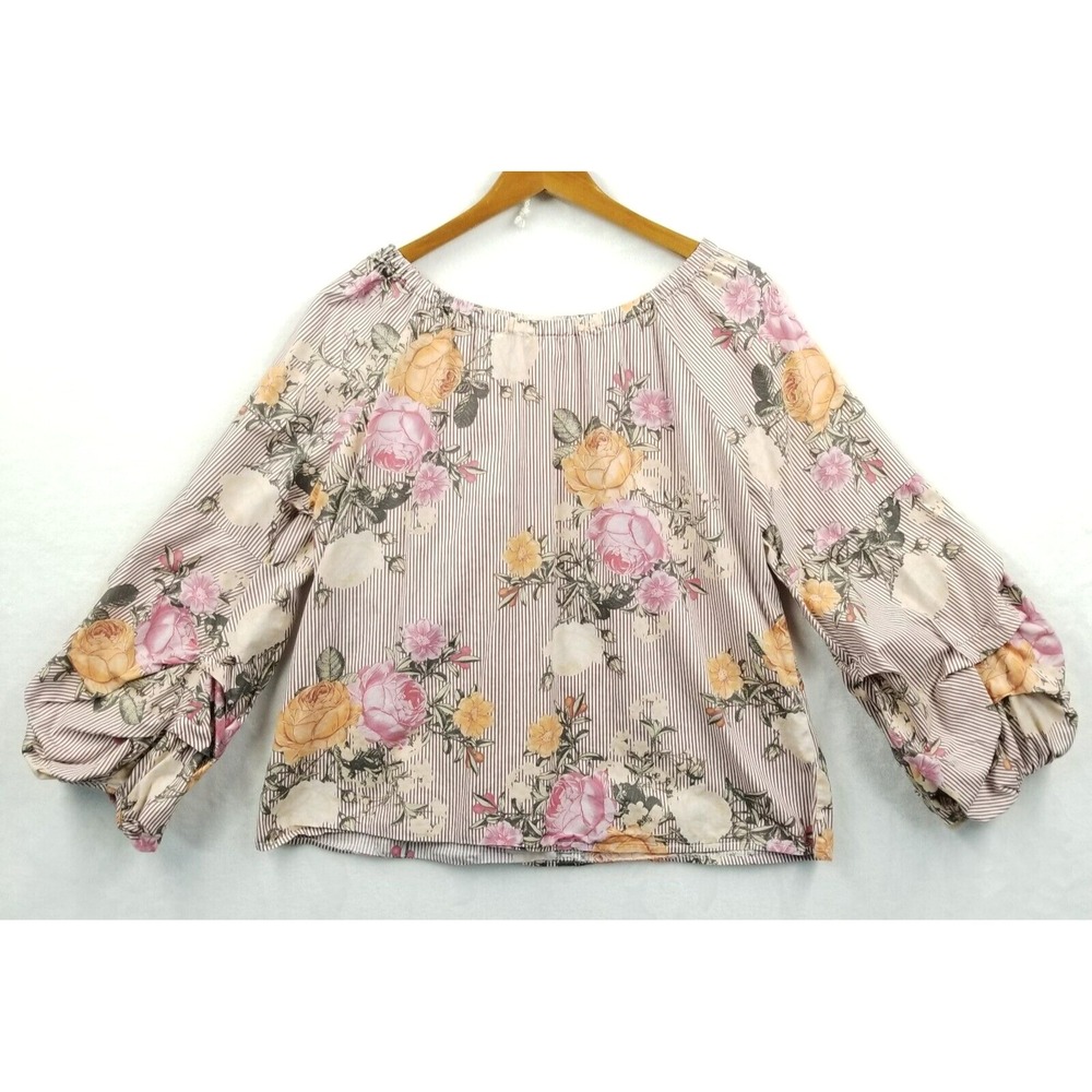Cupio Blouse Women M Pink Floral Ruched Puff Sleeve Cotton Romantic Boho Cottage